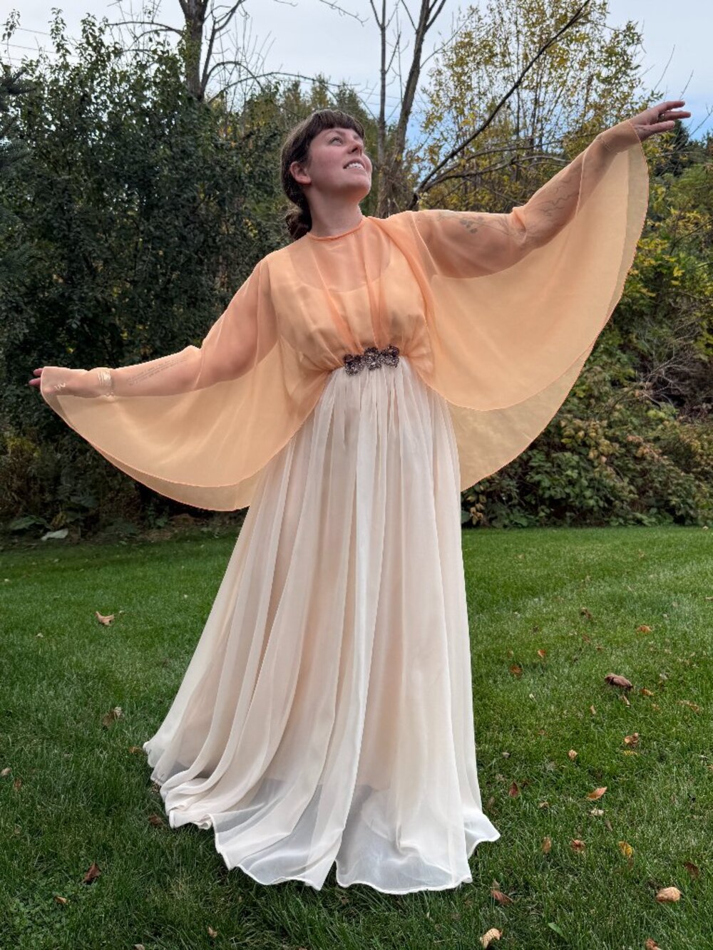 Vintage 70s 60s Peach Chiffon Emma Domb Maxi Dress Batwing Empire Waist Gown